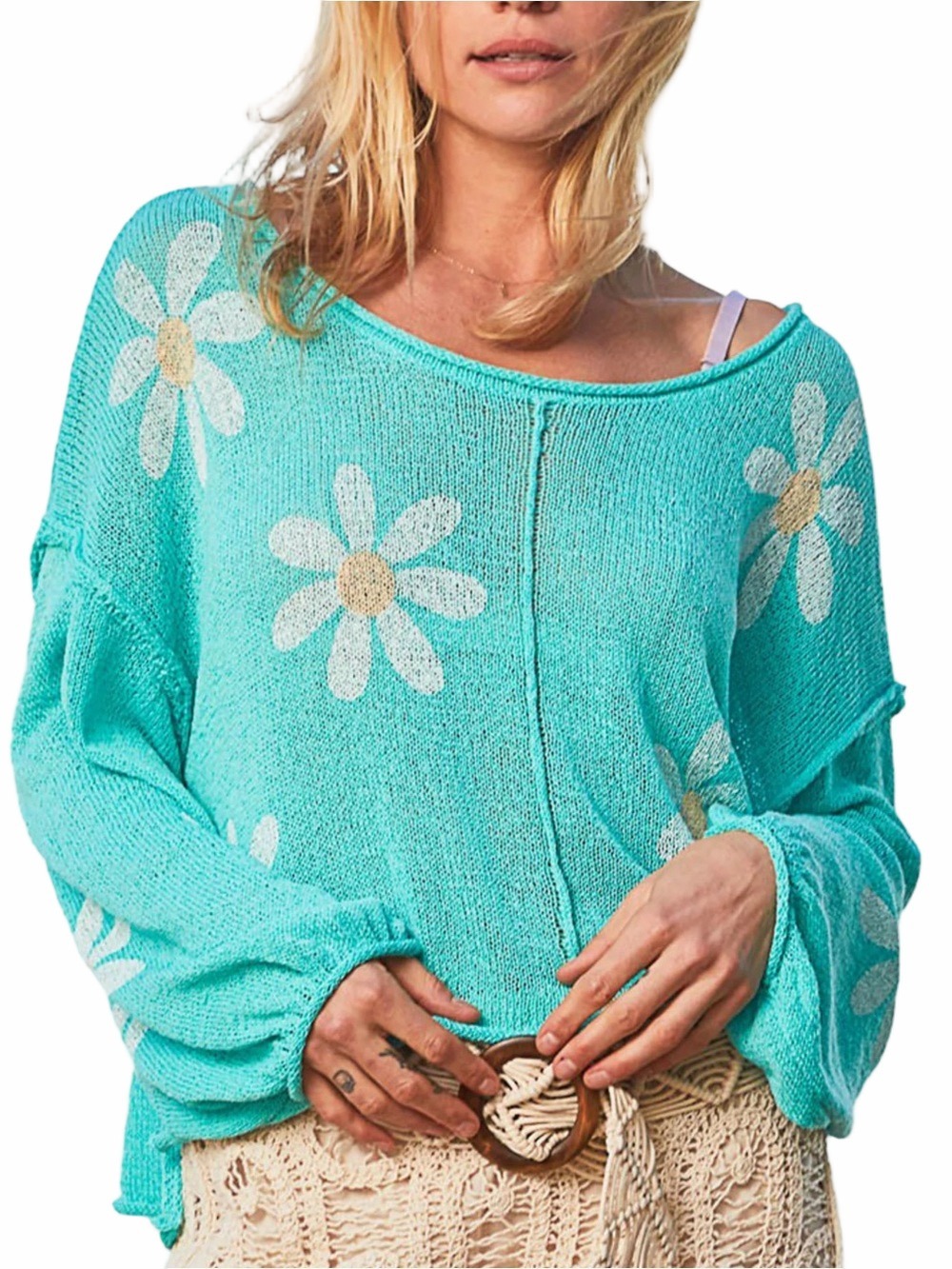 POL Turquoise Daisy Knit Beach Sweater Size M Oversized Lightweight Boho Cottage